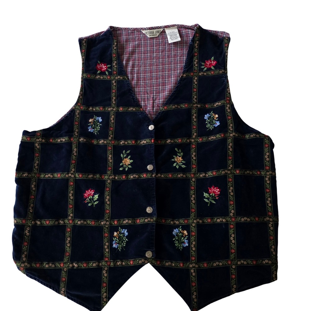 Vintage 90s Cottage Core Blue Floral Velvet Vest 24 Plus Plaid Embroidery